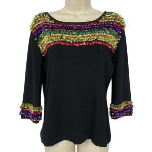 Joseph A Sweater Womens XL Black Sequin Trim Colorful Rainbow Party Cruise Glam